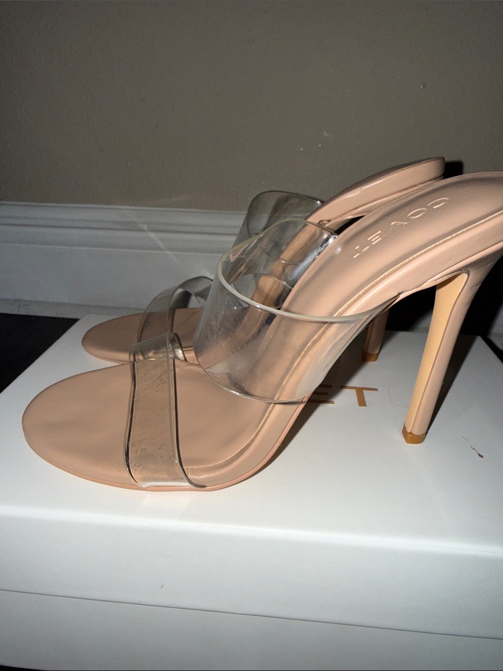 Clear Double-Strap Nude Block Heel Sandals